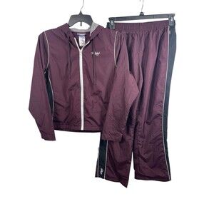VTG Y2K Reebok Tracksuit Set Women’s L Maroon Black White Full Zip Top Pull On